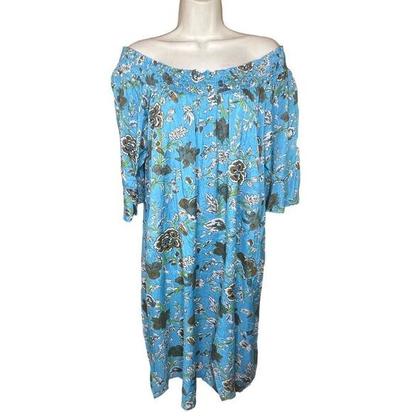 Masai Off the Shoulder Blue Floral Smocked Tunic Dress NWT Size Medium - Picture 3 of 10